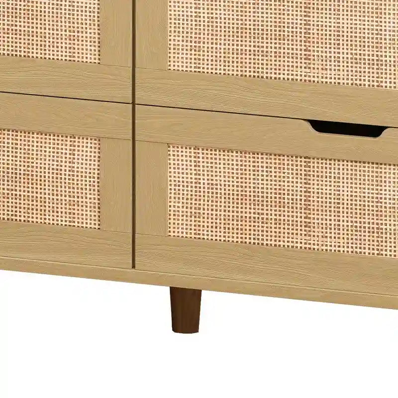 Grondin style bohème 6 tiroirs en rotin, buffet de cuisine, meuble de rangement avec lumières LED réglables et prise de courant