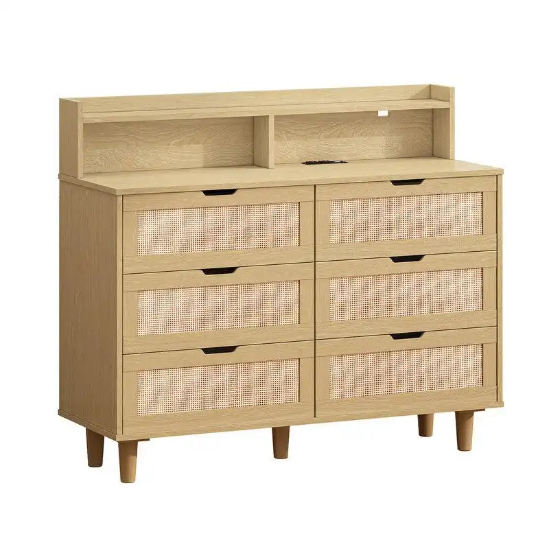 Grondin style bohème 6 tiroirs en rotin, buffet de cuisine, meuble de rangement avec lumières LED réglables et prise de courant