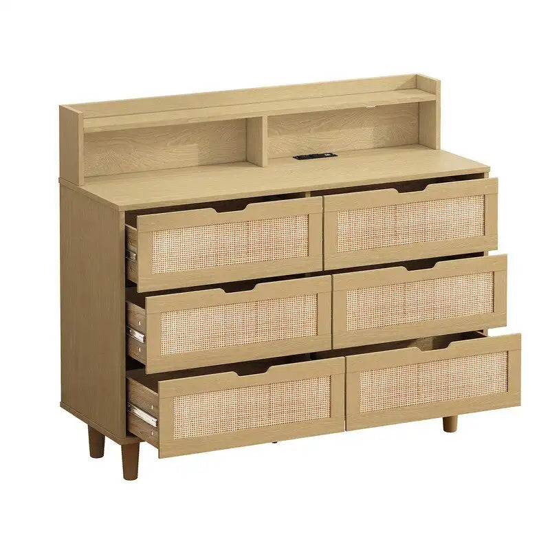 Grondin style bohème 6 tiroirs en rotin, buffet de cuisine, meuble de rangement avec lumières LED réglables et prise de courant