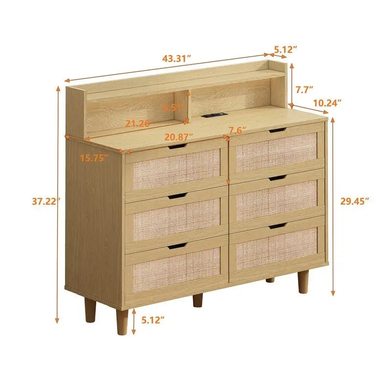 Grondin style bohème 6 tiroirs en rotin, buffet de cuisine, meuble de rangement avec lumières LED réglables et prise de courant
