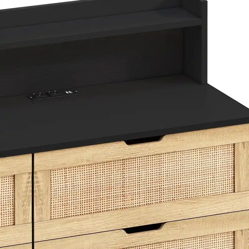Grondin style bohème 6 tiroirs en rotin, buffet de cuisine, meuble de rangement avec lumières LED réglables et prise de courant