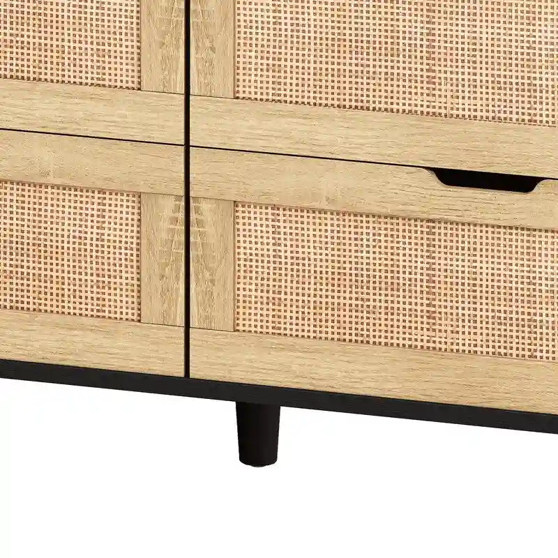 Grondin style bohème 6 tiroirs en rotin, buffet de cuisine, meuble de rangement avec lumières LED réglables et prise de courant