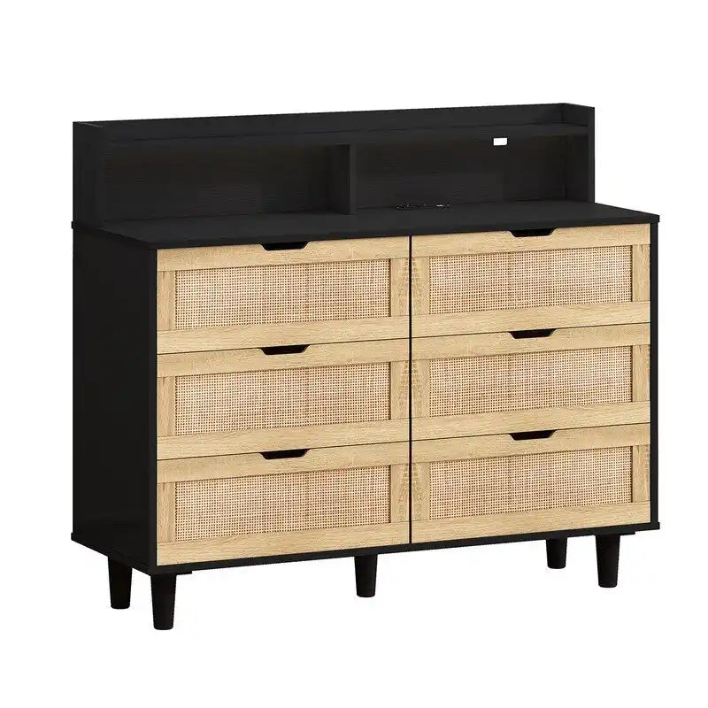 Grondin style bohème 6 tiroirs en rotin, buffet de cuisine, meuble de rangement avec lumières LED réglables et prise de courant
