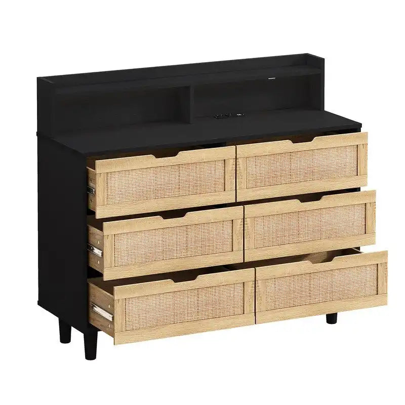 Grondin style bohème 6 tiroirs en rotin, buffet de cuisine, meuble de rangement avec lumières LED réglables et prise de courant