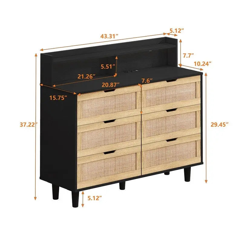 Grondin style bohème 6 tiroirs en rotin, buffet de cuisine, meuble de rangement avec lumières LED réglables et prise de courant