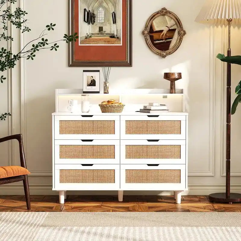 Grondin style bohème 6 tiroirs en rotin, buffet de cuisine, meuble de rangement avec lumières LED réglables et prise de courant