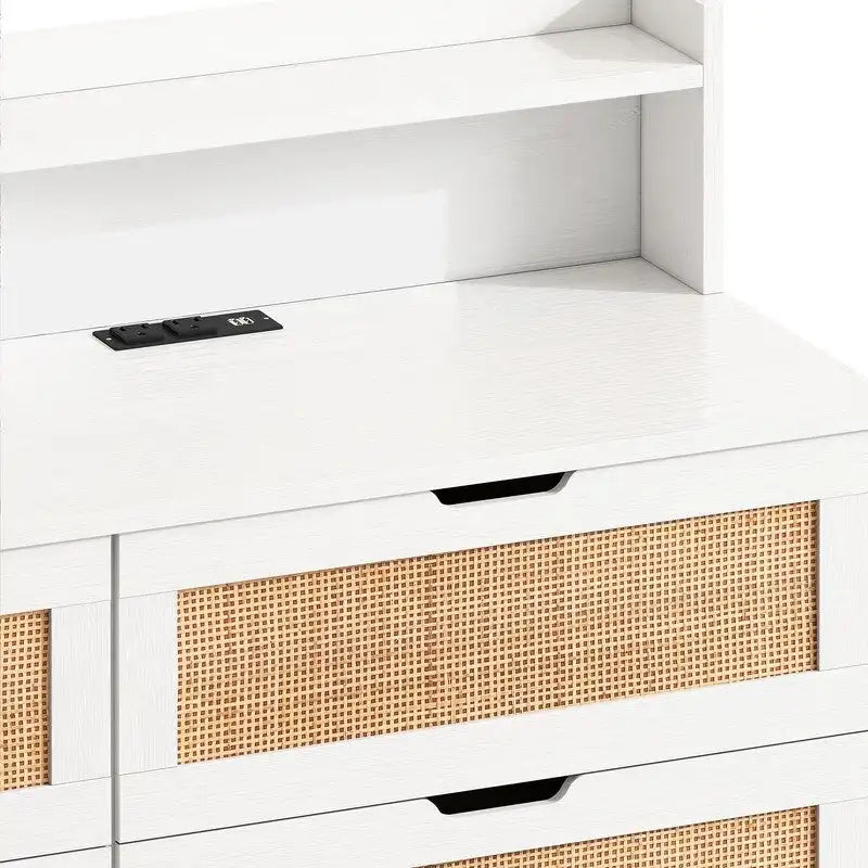 Grondin style bohème 6 tiroirs en rotin, buffet de cuisine, meuble de rangement avec lumières LED réglables et prise de courant