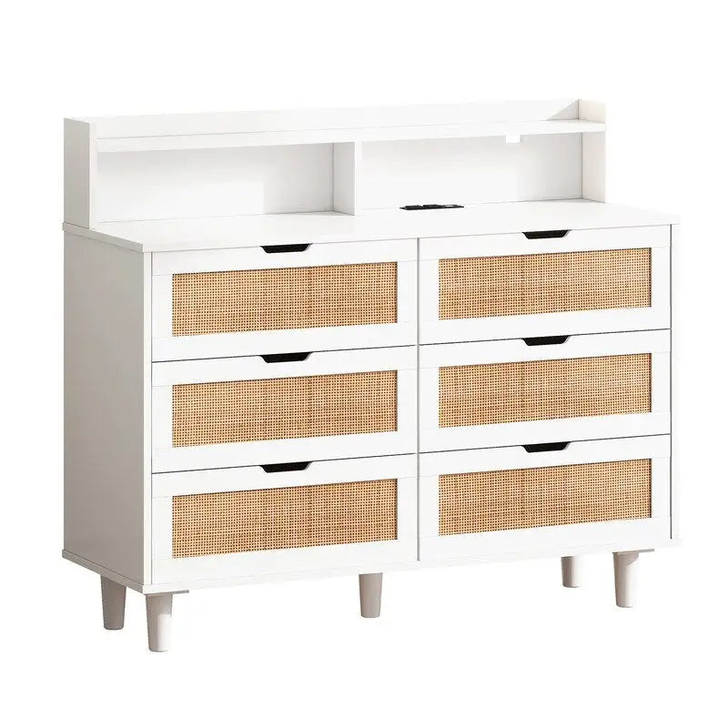 Grondin style bohème 6 tiroirs en rotin, buffet de cuisine, meuble de rangement avec lumières LED réglables et prise de courant