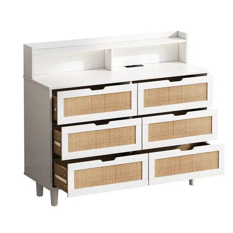 Grondin style bohème 6 tiroirs en rotin, buffet de cuisine, meuble de rangement avec lumières LED réglables et prise de courant