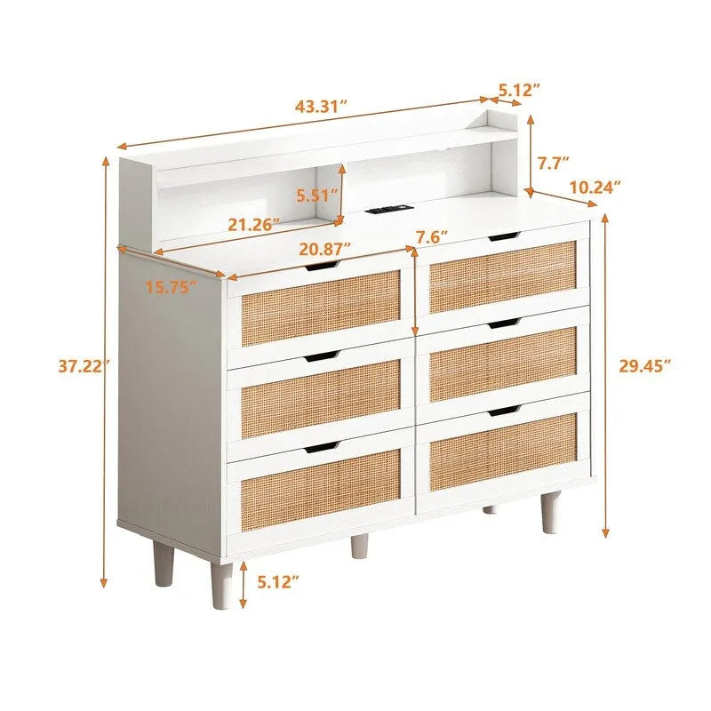 Grondin style bohème 6 tiroirs en rotin, buffet de cuisine, meuble de rangement avec lumières LED réglables et prise de courant