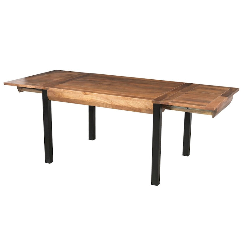 Table à manger rectangulaire extensible de 83 pouces, en bois de manguier artisanal avec pieds en fer noir