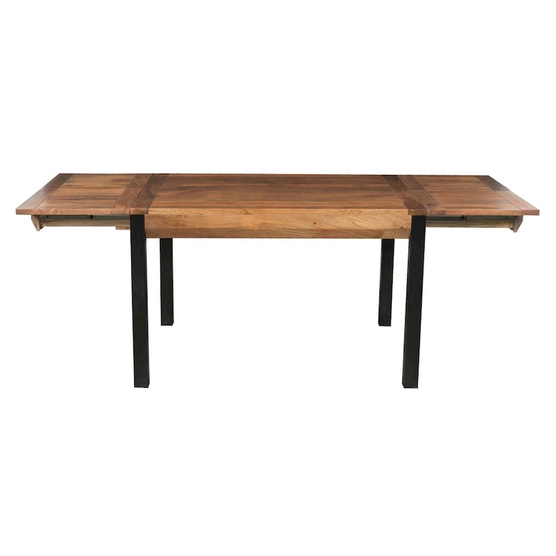 Table à manger rectangulaire extensible de 83 pouces, en bois de manguier artisanal avec pieds en fer noir