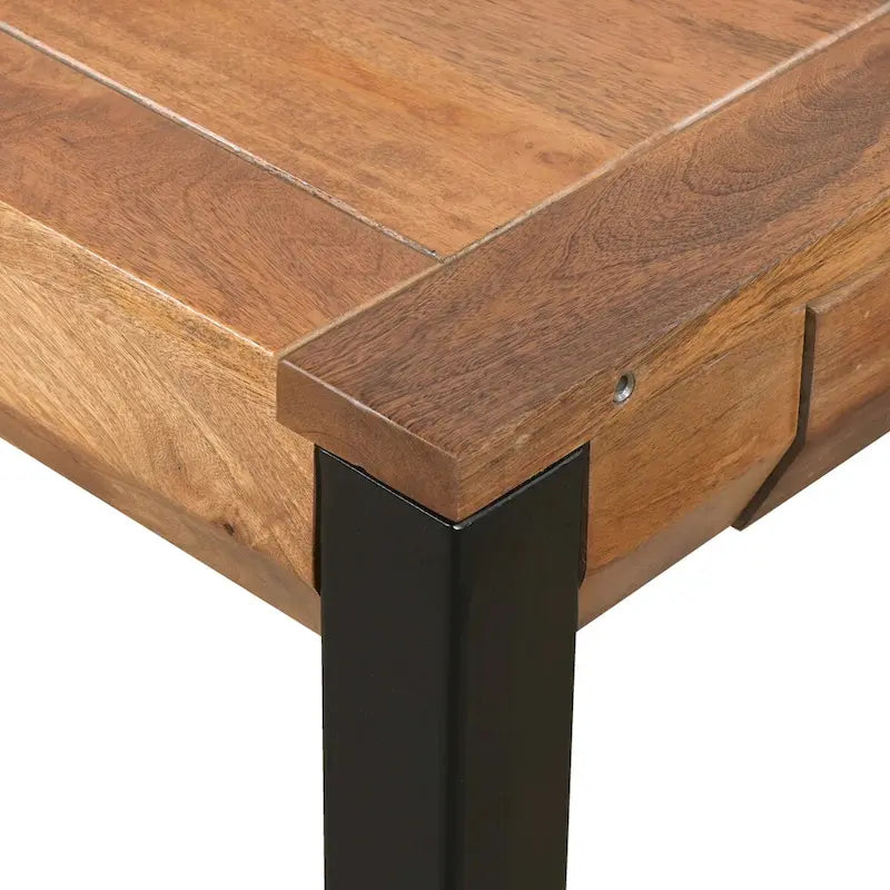 Table à manger rectangulaire extensible de 83 pouces, en bois de manguier artisanal avec pieds en fer noir