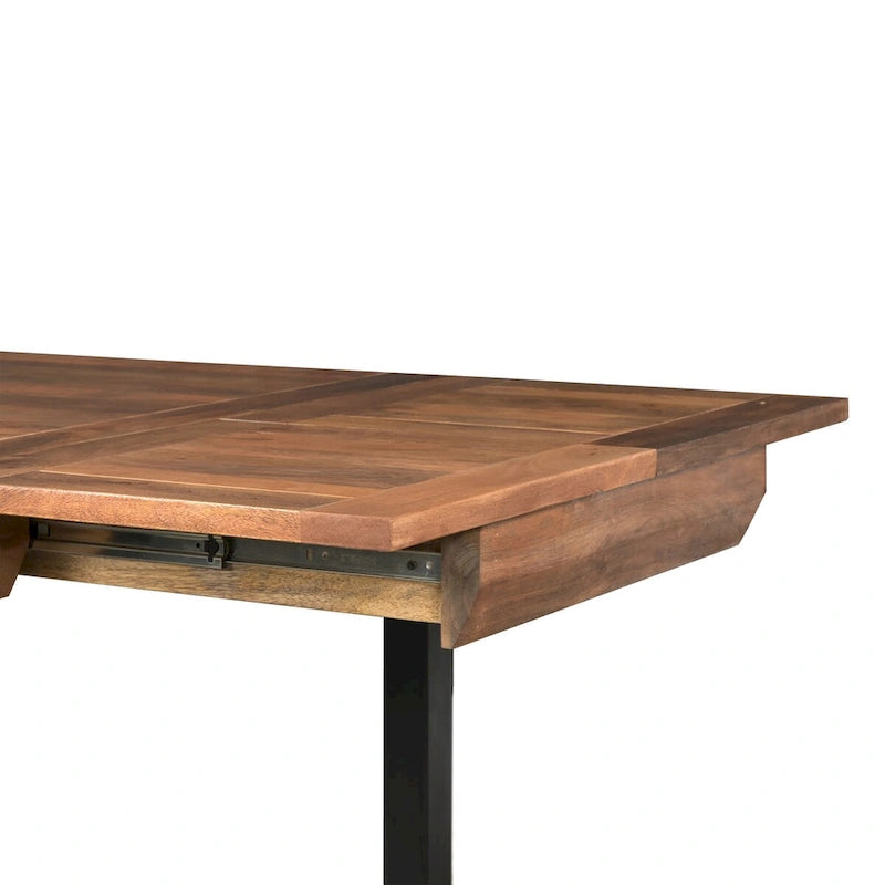Table à manger rectangulaire extensible de 83 pouces, en bois de manguier artisanal avec pieds en fer noir