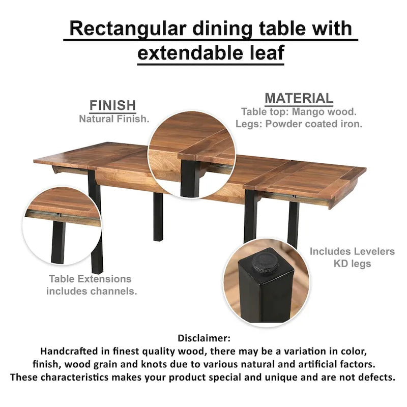 Table à manger rectangulaire extensible de 83 pouces, en bois de manguier artisanal avec pieds en fer noir