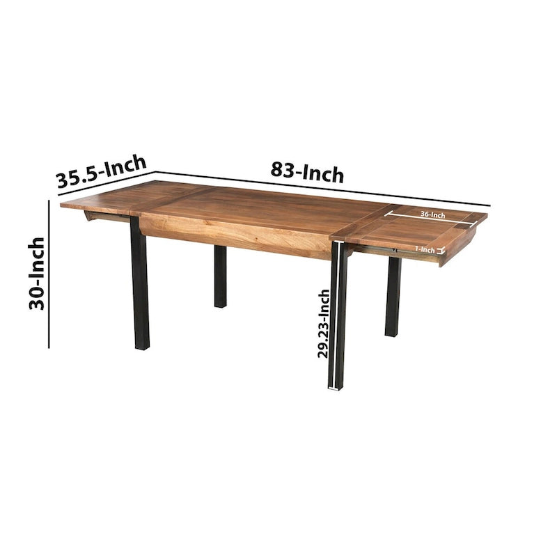 Table à manger rectangulaire extensible de 83 pouces, en bois de manguier artisanal avec pieds en fer noir