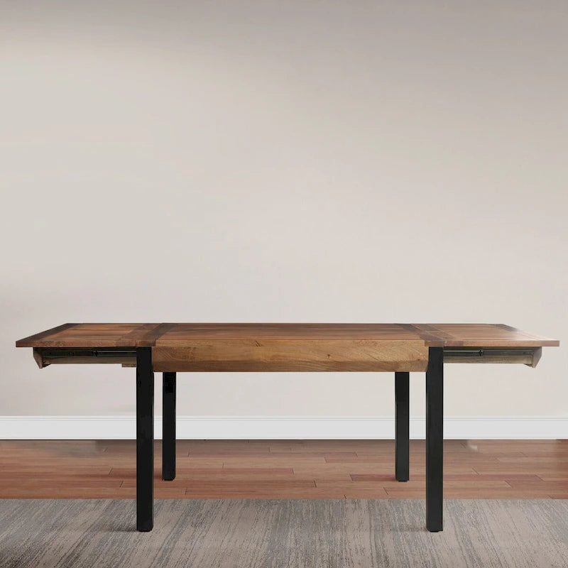 Table à manger rectangulaire extensible de 83 pouces, en bois de manguier artisanal avec pieds en fer noir