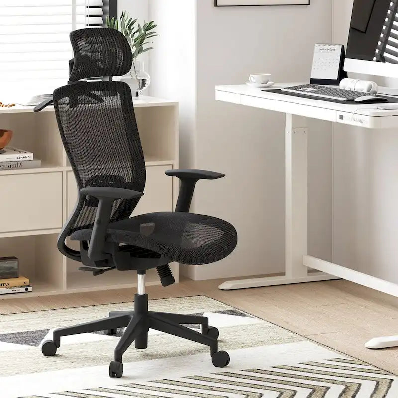 Fotel biurowy FlexiSpot Ergonomic z regulacją wysokości i obrotem o 360 stopni, siateczkowy, z regulowanym zagłówkiem, podparciem lędźwiowym i podłokietnikami