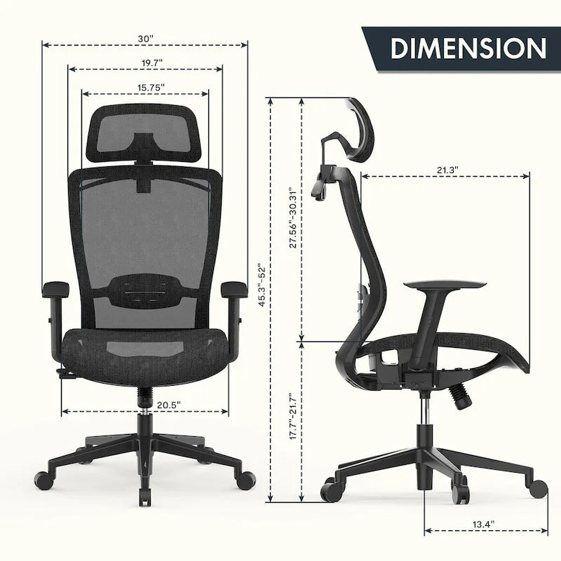 Fotel biurowy FlexiSpot Ergonomic z regulacją wysokości i obrotem o 360 stopni, siateczkowy, z regulowanym zagłówkiem, podparciem lędźwiowym i podłokietnikami