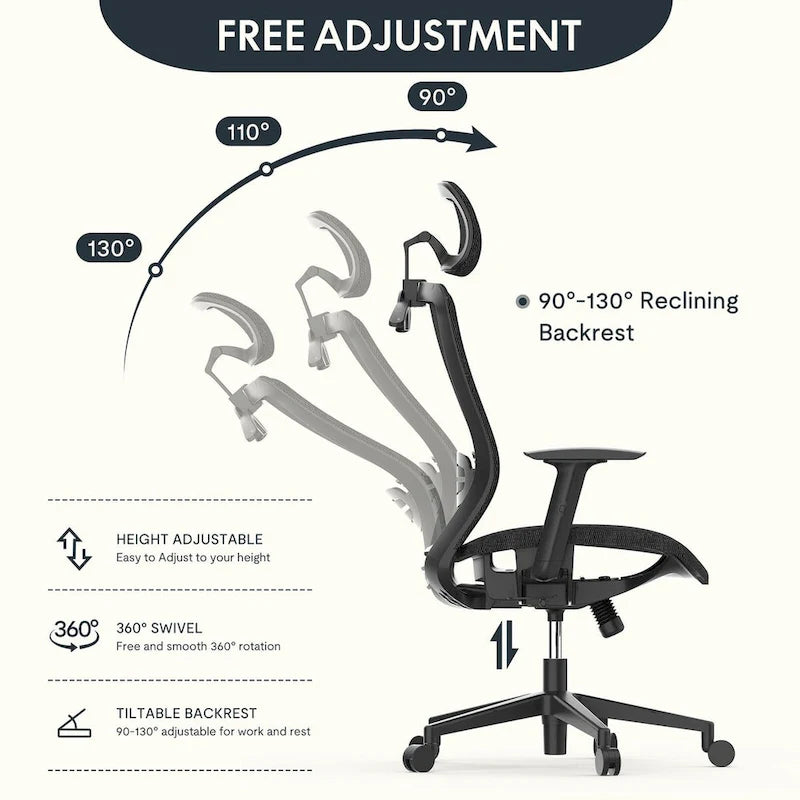 Fotel biurowy FlexiSpot Ergonomic z regulacją wysokości i obrotem o 360 stopni, siateczkowy, z regulowanym zagłówkiem, podparciem lędźwiowym i podłokietnikami