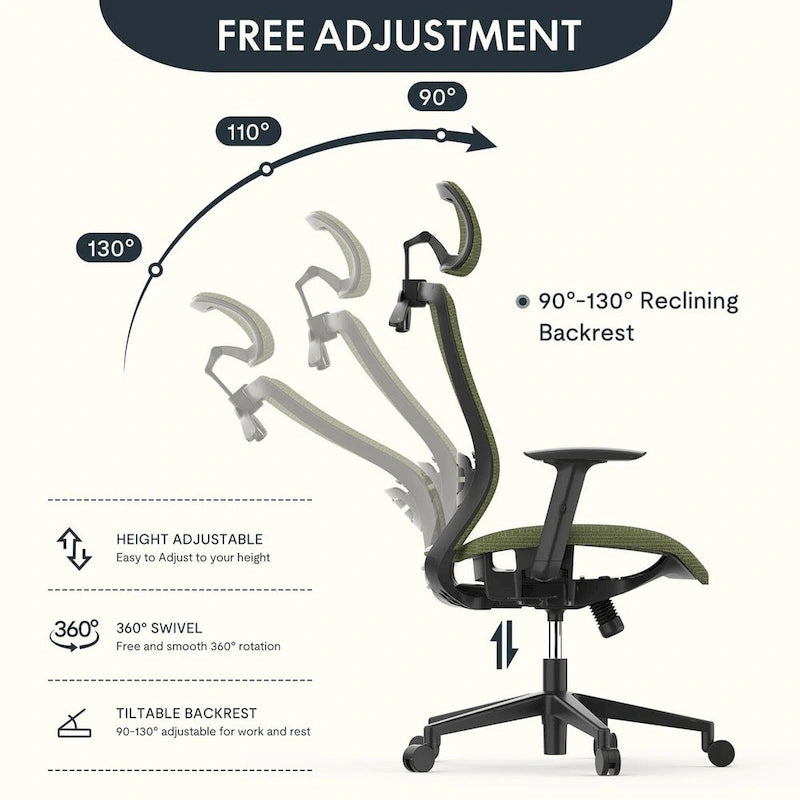 Fotel biurowy FlexiSpot Ergonomic z regulacją wysokości i obrotem o 360 stopni, siateczkowy, z regulowanym zagłówkiem, podparciem lędźwiowym i podłokietnikami