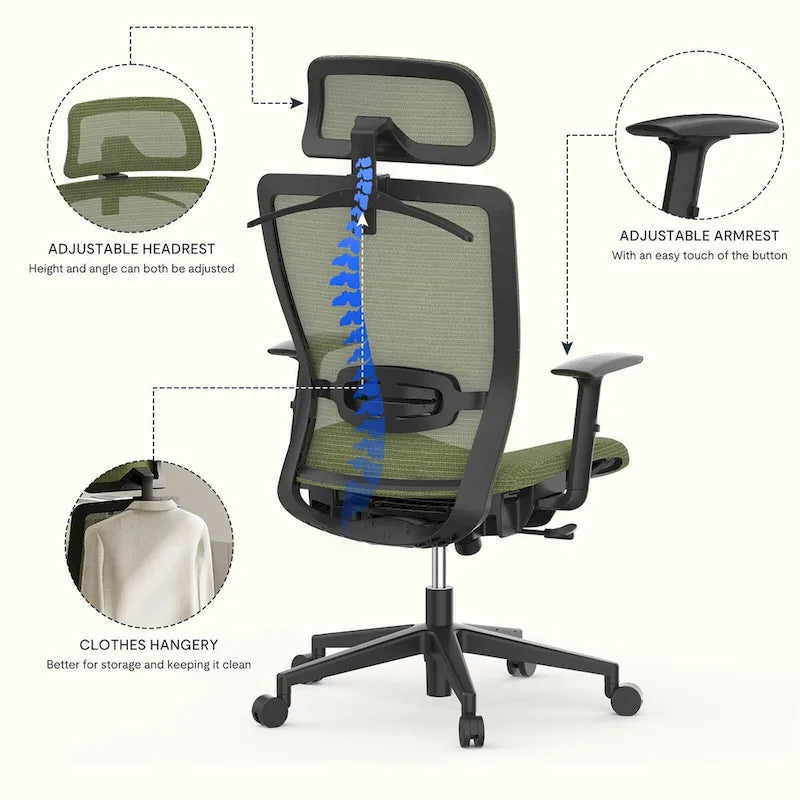 Fotel biurowy FlexiSpot Ergonomic z regulacją wysokości i obrotem o 360 stopni, siateczkowy, z regulowanym zagłówkiem, podparciem lędźwiowym i podłokietnikami