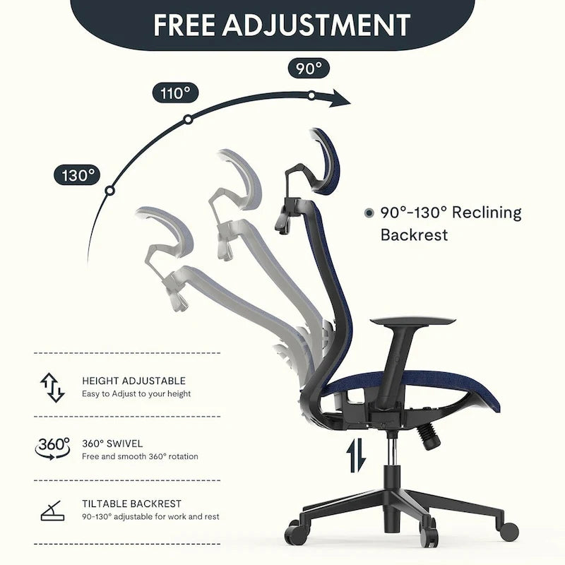 Fotel biurowy FlexiSpot Ergonomic z regulacją wysokości i obrotem o 360 stopni, siateczkowy, z regulowanym zagłówkiem, podparciem lędźwiowym i podłokietnikami