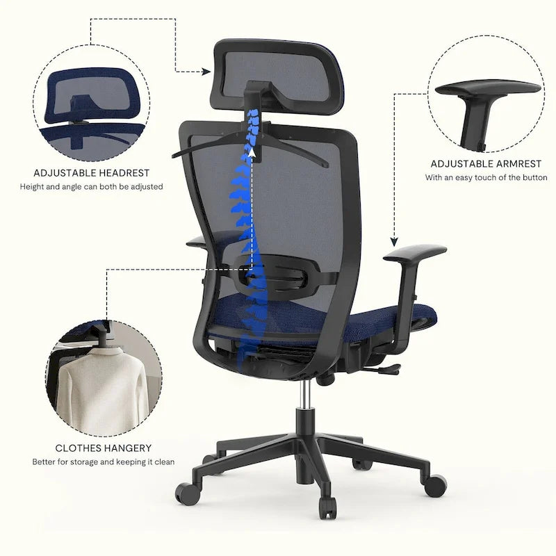 Fotel biurowy FlexiSpot Ergonomic z regulacją wysokości i obrotem o 360 stopni, siateczkowy, z regulowanym zagłówkiem, podparciem lędźwiowym i podłokietnikami
