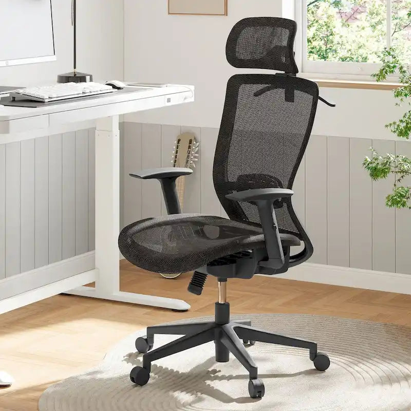 Fotel biurowy FlexiSpot Ergonomic z regulacją wysokości i obrotem o 360 stopni, siateczkowy, z regulowanym zagłówkiem, podparciem lędźwiowym i podłokietnikami