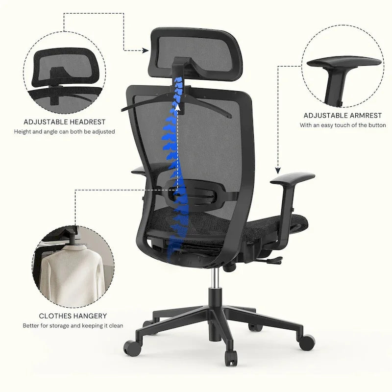 Fotel biurowy FlexiSpot Ergonomic z regulacją wysokości i obrotem o 360 stopni, siateczkowy, z regulowanym zagłówkiem, podparciem lędźwiowym i podłokietnikami