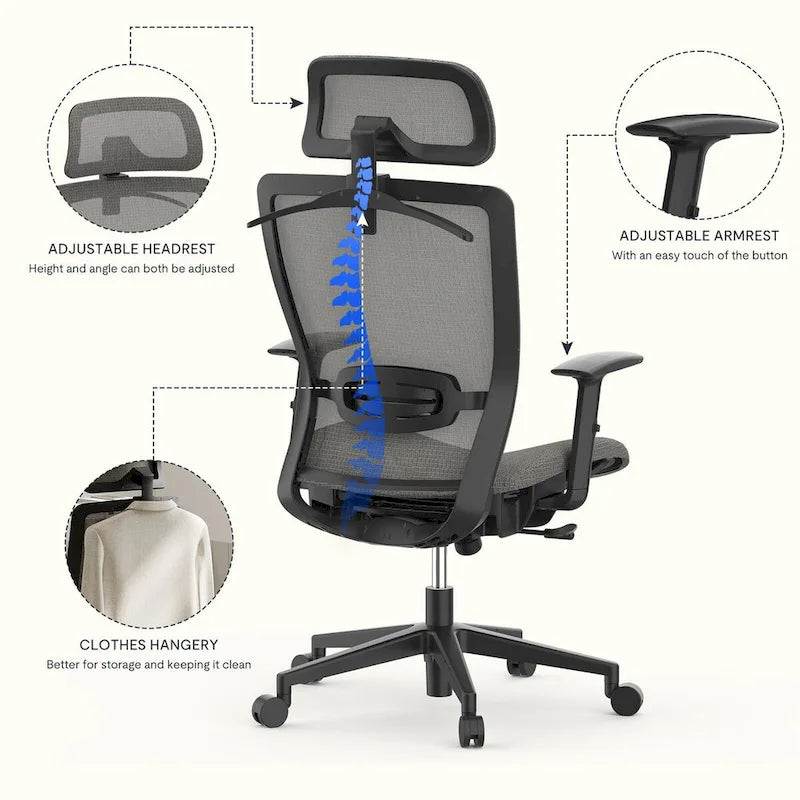 Fotel biurowy FlexiSpot Ergonomic z regulacją wysokości i obrotem o 360 stopni, siateczkowy, z regulowanym zagłówkiem, podparciem lędźwiowym i podłokietnikami