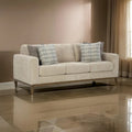 Klyn 93 Inch Sofa, 4 Accent Pillows, Faux Wood Feet, Beige Polyester