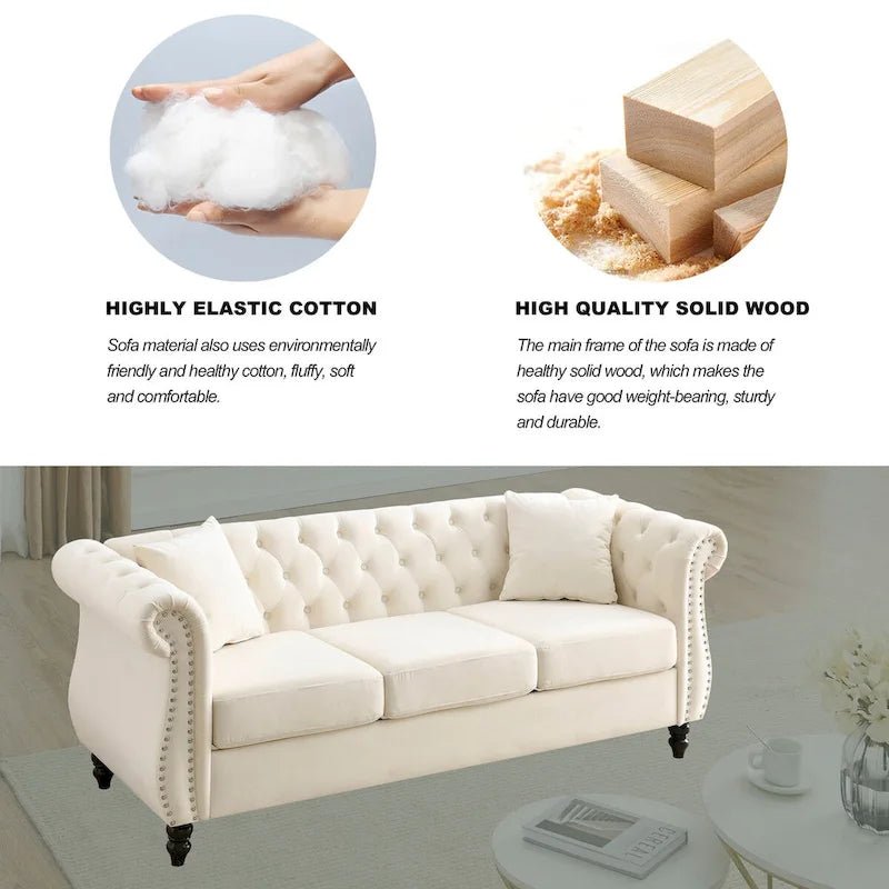 Beżowa welurowa sofa Chesterfield 3-osobowa, zaokrąglone podłokietniki, ozdobne nity
