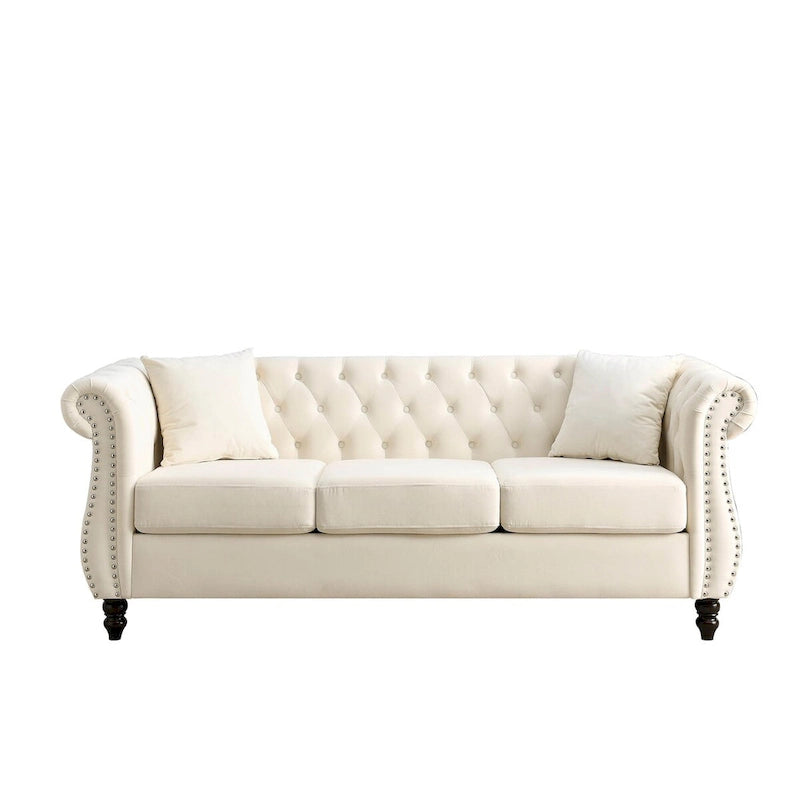 Beżowa welurowa sofa Chesterfield 3-osobowa, zaokrąglone podłokietniki, ozdobne nity