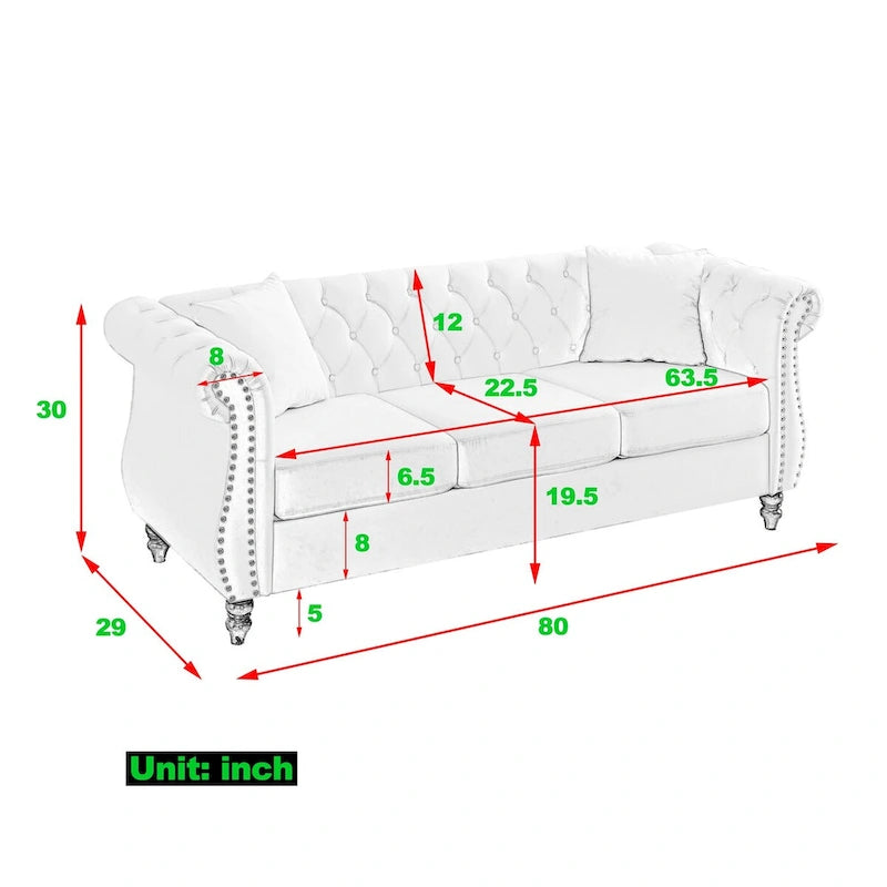 Beżowa welurowa sofa Chesterfield 3-osobowa, zaokrąglone podłokietniki, ozdobne nity
