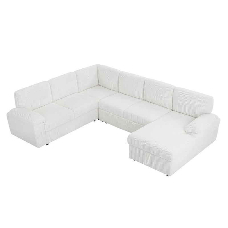 Duża, modułowa sofa narożna tapicerowana sztruksem, z miejscem do przechowywania