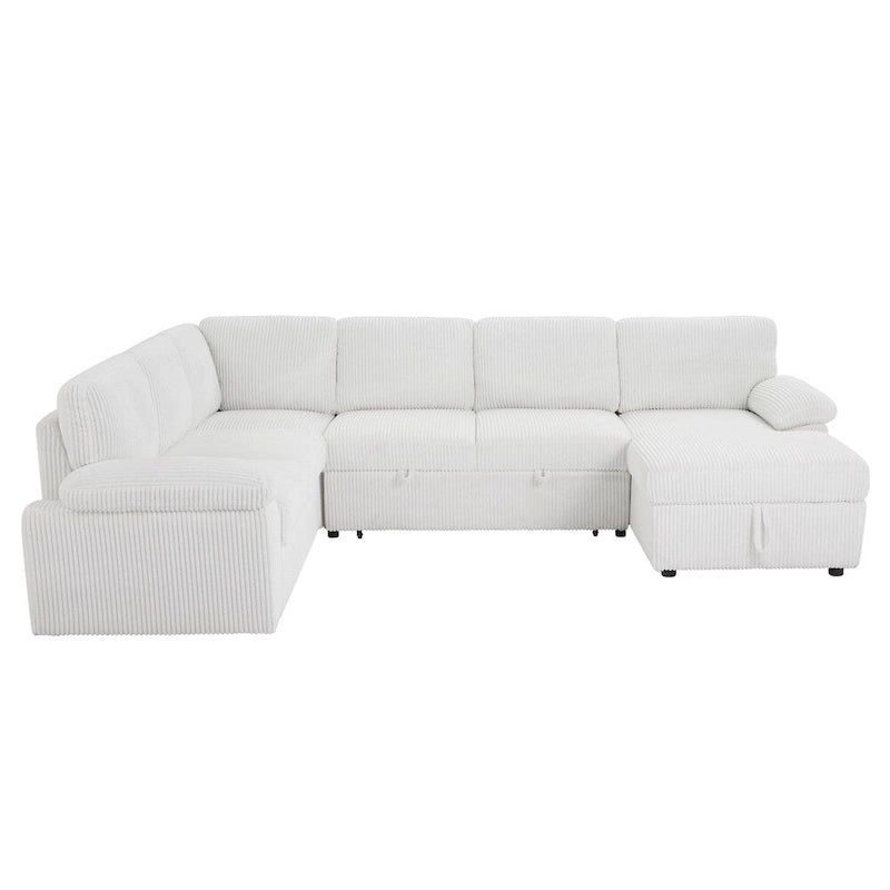 Duża, modułowa sofa narożna tapicerowana sztruksem, z miejscem do przechowywania