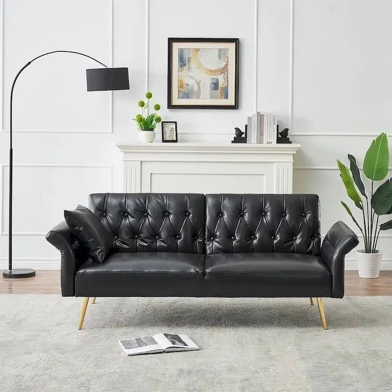 Futon Sofa Rozkładana, Sofa Składana ze Sztucznej Skóry, Rozkładana Kanapa z Regulowanymi Podłokietnikami do Małych Przestrzeni