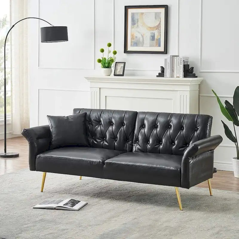 Futon Sofa Rozkładana, Sofa Składana ze Sztucznej Skóry, Rozkładana Kanapa z Regulowanymi Podłokietnikami do Małych Przestrzeni