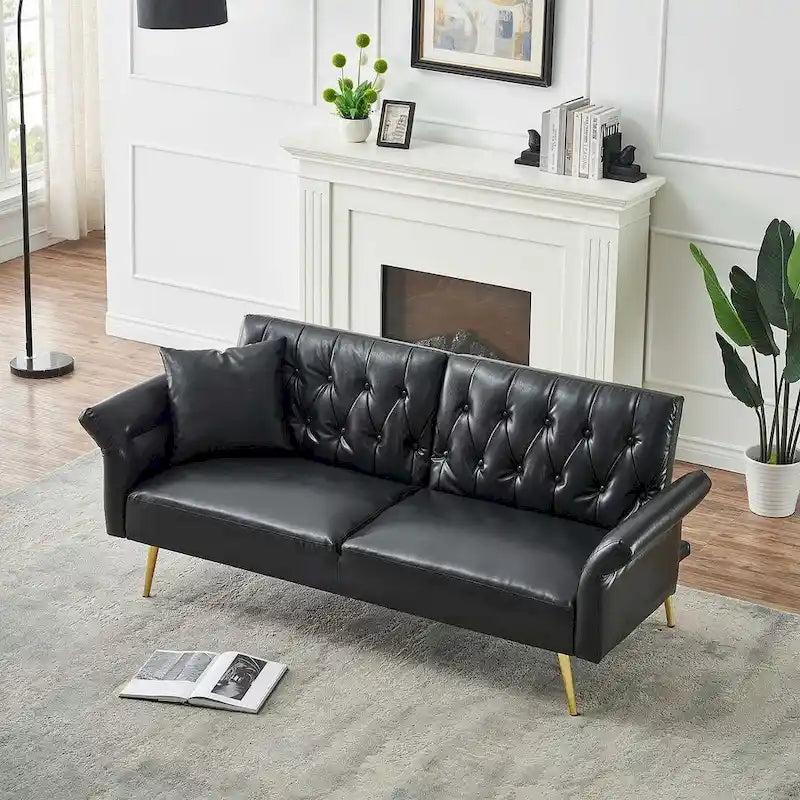 Futon Sofa Rozkładana, Sofa Składana ze Sztucznej Skóry, Rozkładana Kanapa z Regulowanymi Podłokietnikami do Małych Przestrzeni