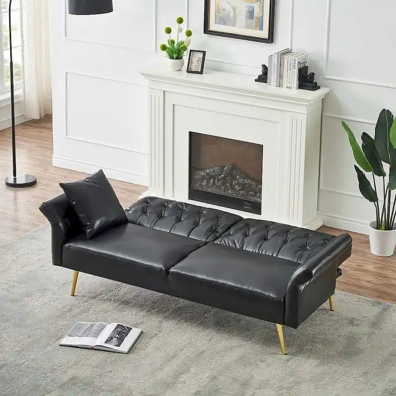 Futon Sofa Rozkładana, Sofa Składana ze Sztucznej Skóry, Rozkładana Kanapa z Regulowanymi Podłokietnikami do Małych Przestrzeni