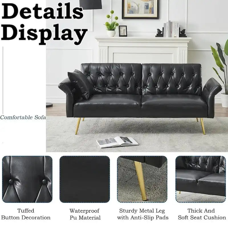 Futon Sofa Rozkładana, Sofa Składana ze Sztucznej Skóry, Rozkładana Kanapa z Regulowanymi Podłokietnikami do Małych Przestrzeni