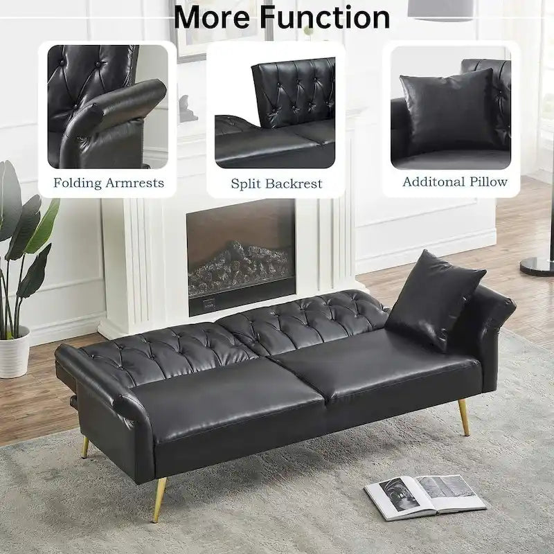 Futon Sofa Rozkładana, Sofa Składana ze Sztucznej Skóry, Rozkładana Kanapa z Regulowanymi Podłokietnikami do Małych Przestrzeni