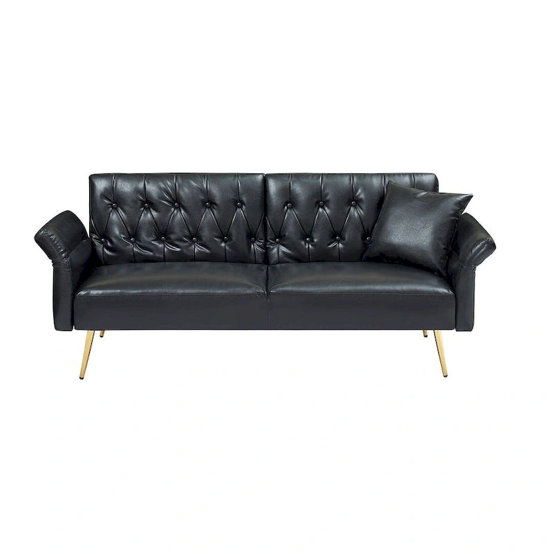 Futon Sofa Rozkładana, Sofa Składana ze Sztucznej Skóry, Rozkładana Kanapa z Regulowanymi Podłokietnikami do Małych Przestrzeni