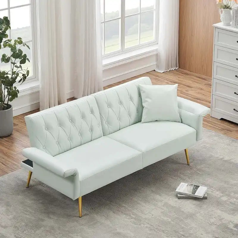 Futon Sofa Rozkładana, Sofa Składana ze Sztucznej Skóry, Rozkładana Kanapa z Regulowanymi Podłokietnikami do Małych Przestrzeni