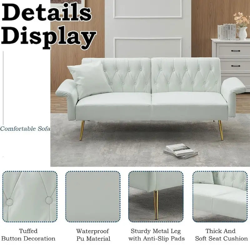 Futon Sofa Rozkładana, Sofa Składana ze Sztucznej Skóry, Rozkładana Kanapa z Regulowanymi Podłokietnikami do Małych Przestrzeni