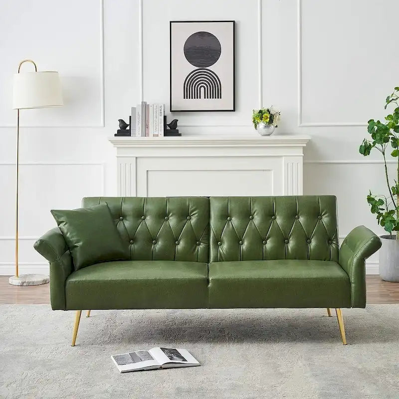 Futon Sofa Rozkładana, Sofa Składana ze Sztucznej Skóry, Rozkładana Kanapa z Regulowanymi Podłokietnikami do Małych Przestrzeni