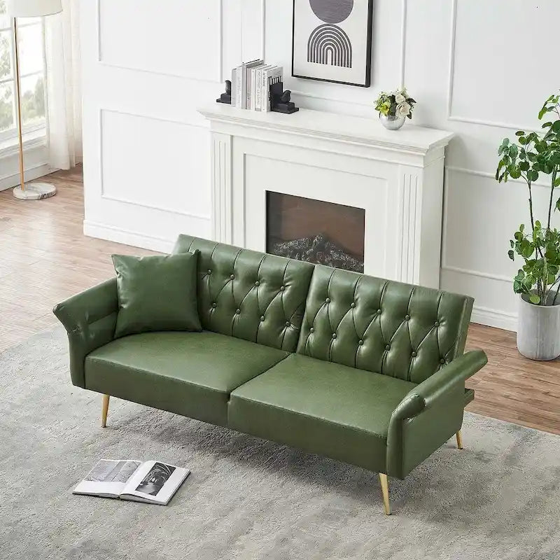 Futon Sofa Rozkładana, Sofa Składana ze Sztucznej Skóry, Rozkładana Kanapa z Regulowanymi Podłokietnikami do Małych Przestrzeni