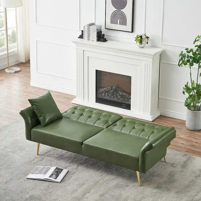 Futon Sofa Rozkładana, Sofa Składana ze Sztucznej Skóry, Rozkładana Kanapa z Regulowanymi Podłokietnikami do Małych Przestrzeni