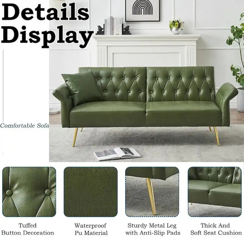 Futon Sofa Rozkładana, Sofa Składana ze Sztucznej Skóry, Rozkładana Kanapa z Regulowanymi Podłokietnikami do Małych Przestrzeni